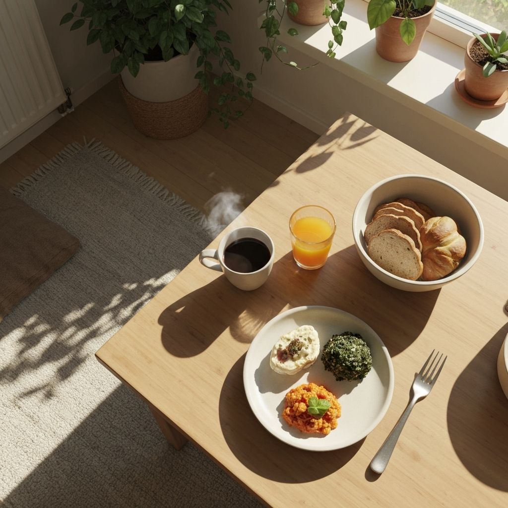 Päivittäinen aamiaistaulu puusta valmistetulla pöydällä, tuoreita ruoka-aineita ja lämmintä juomaa